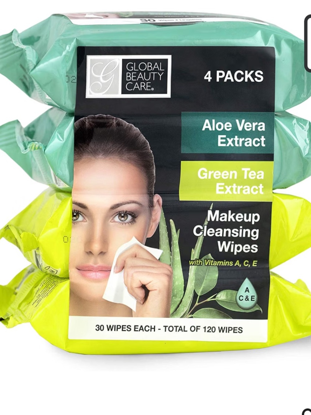 Global Beauty Care Aloe Vera & Green Tea Makeup Cleansing Wipes — Green (4 Pack)